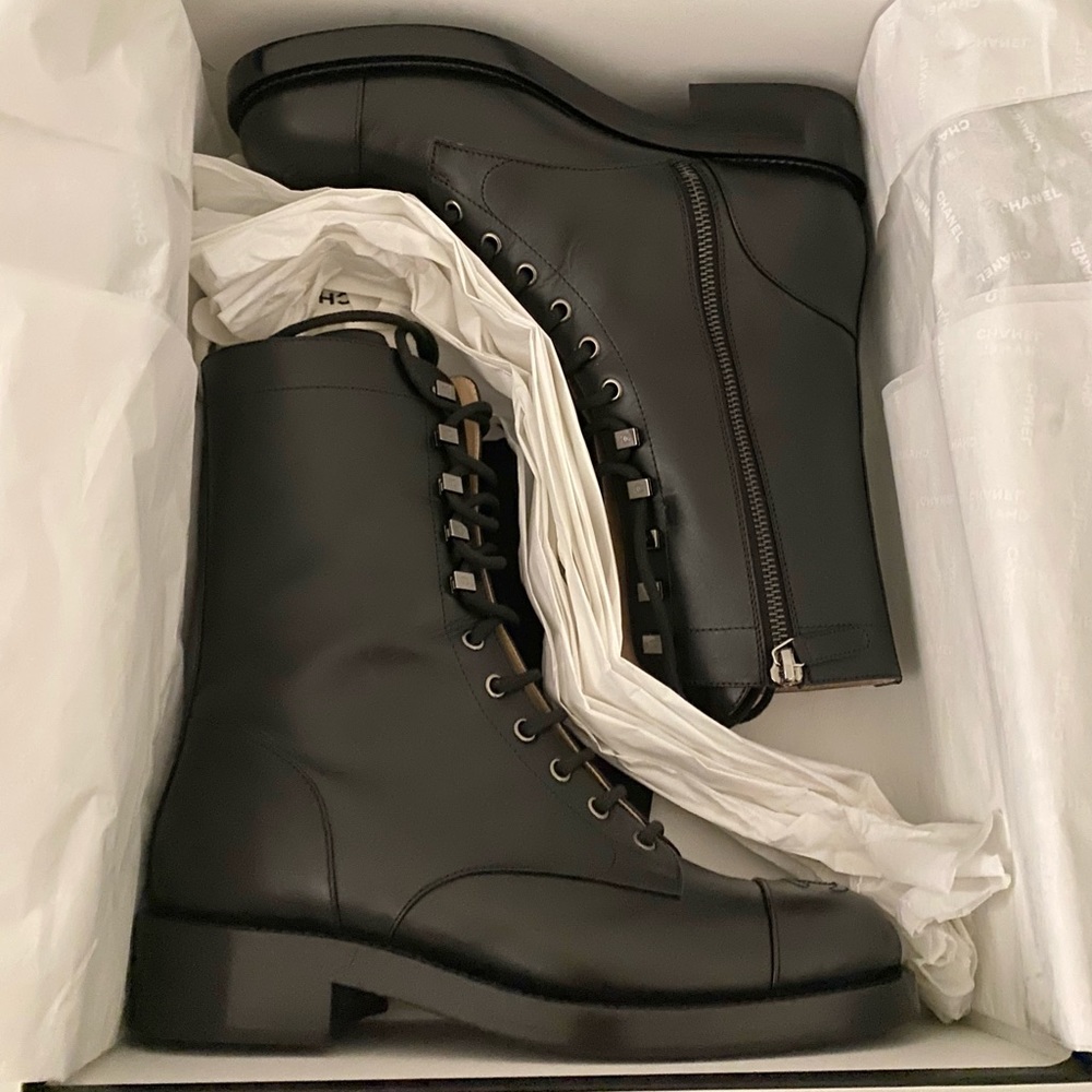 Chanel Black Calfskin Leather CC Combat Lace Up Tie Tall Boots 39.5